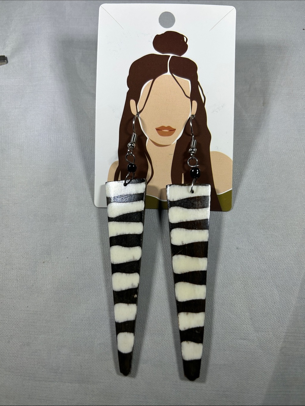 Zebra-Pattern Tapered Drop Earrings — Black & White